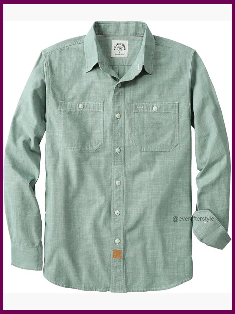 Men's Button Down Shirt Long Sleeve Casual Cotton Chambray Work Shirt With 2